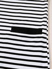Black and white striped collared dress with a black pocket detail.