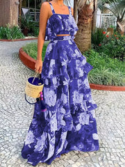 Ruffled floral two-piece set in Light Indigo with tiered skirt and crop top.
