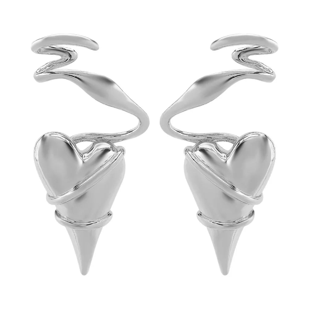 Silver twisted heart wire earrings with luxe finish and pointed drop