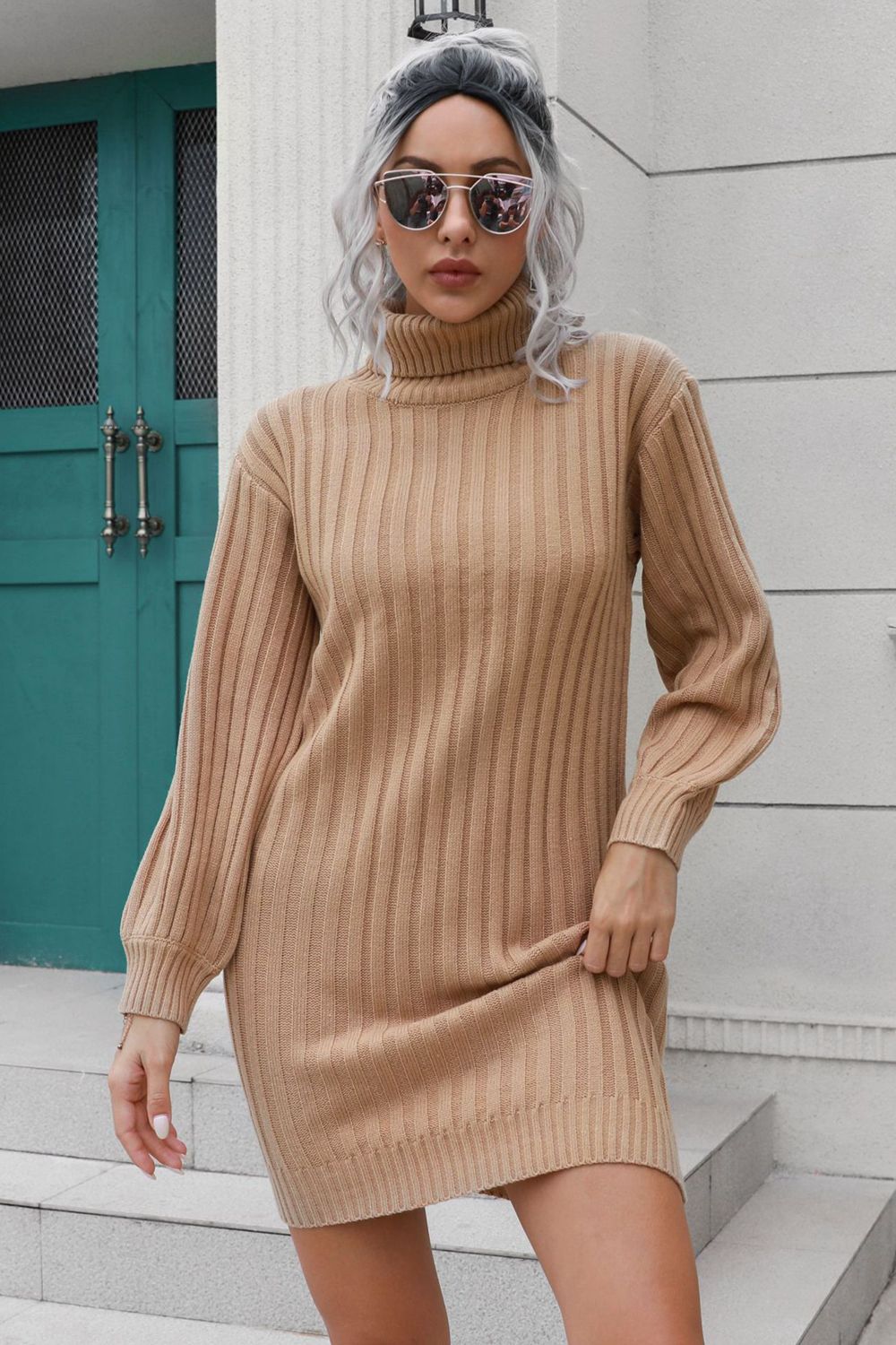 Camel ribbed turtleneck mini dress with long sleeves and a casual fit.