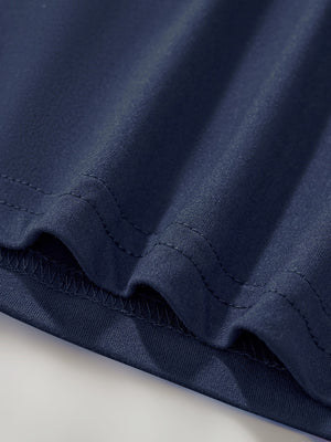 Navy blue toddler t-shirt detail showing hem stitching