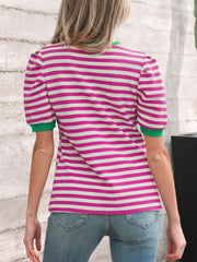 Striped puff sleeve tee with green neckline and cuffs.