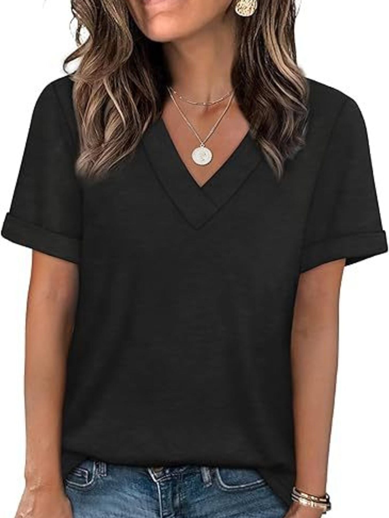 Black V-neck t-shirt with cuffed short sleeves and a relaxed fit.