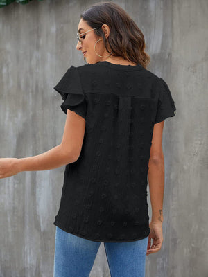 Black textured voile blouse with flutter sleeves and a v-neckline.