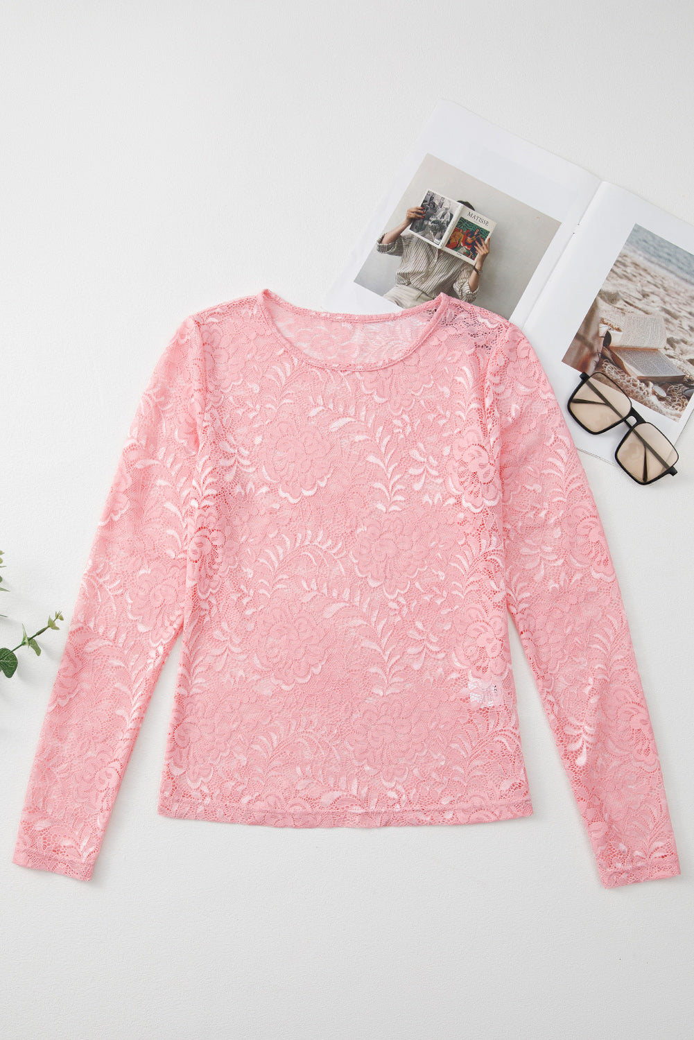 Dusty pink lace second-skin long sleeve blouse with a crew neck.