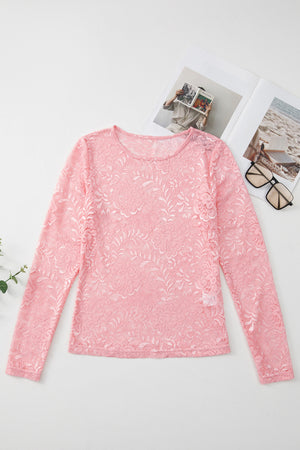 Dusty pink lace second-skin long sleeve blouse with a crew neck.