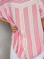 Pink Stripe collared half sleeve maternity shirt with decorative buttons.