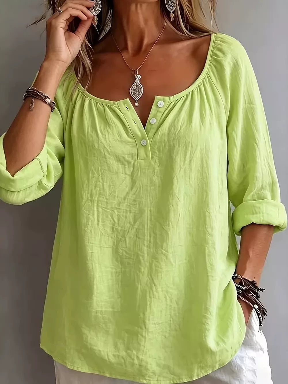 Button Detail Long Sleeve Top in Light Blue, editorial view