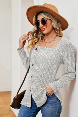 Light gray ribbed button-down top with asymmetric hem and square neckline
