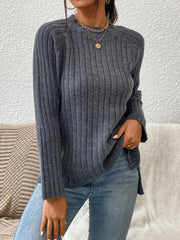 Textured raglan ribbed crewneck sweater in dark gray with a relaxed fit.