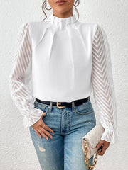 White Chevron Sleeve Ruffle Neck Blouse with sheer patterned sleeves
