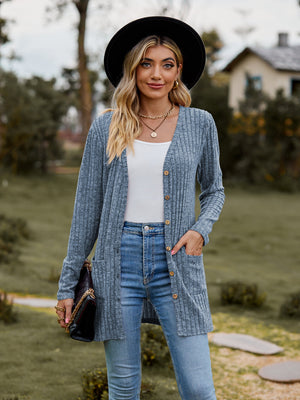 Longline ribbed knit button-down cardigan in Dusty Blue with wooden buttons and pockets.