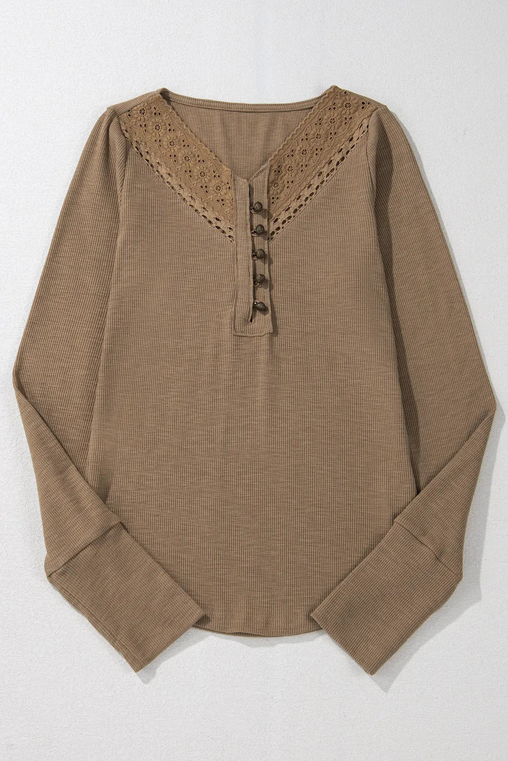 Coffee brown ribbed henley with lace inset detail and button placket.