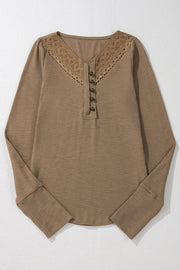 Coffee brown ribbed henley with lace inset detail and button placket.