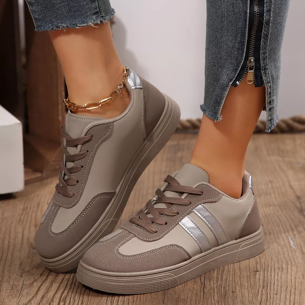 Round Toe Lace Up Sneakers in Khaki Color, front view