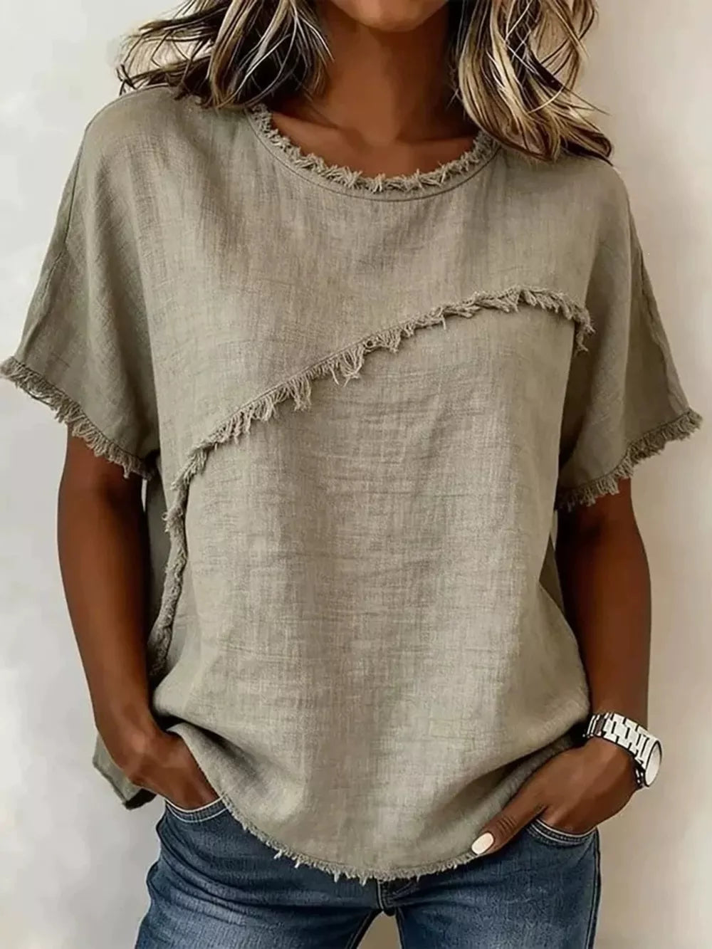 Khaki frayed hem relaxed-fit short sleeve crew neck shirt with asymmetrical detail