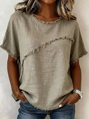 Khaki frayed hem relaxed-fit short sleeve crew neck shirt with asymmetrical detail
