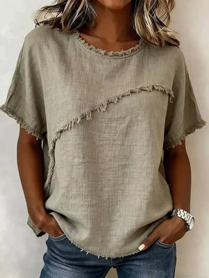 Khaki frayed hem relaxed-fit short sleeve crew neck shirt with asymmetrical detail