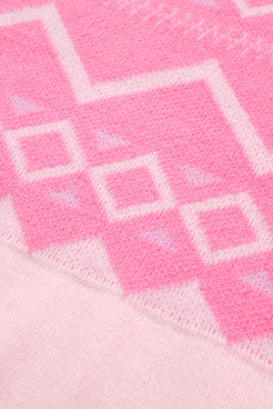 Pink acrylic knit sweater with geometric diamond pattern