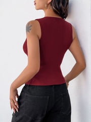 Burgundy ribbed knit button-up crop top with a sleeveless design.
