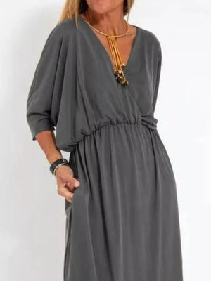 Gray V-neck dolman sleeve maxi dress with elastic waist and pockets