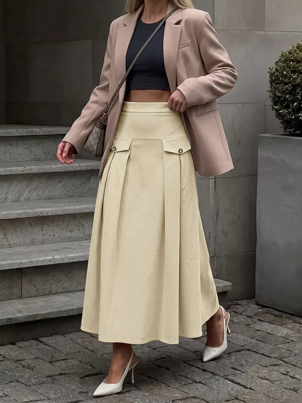 High Waist Pleated Midi Skirt in Khaki, close-up detail