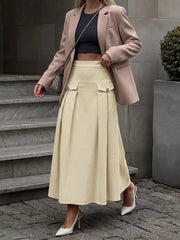 High Waist Pleated Midi Skirt in Khaki, close-up detail