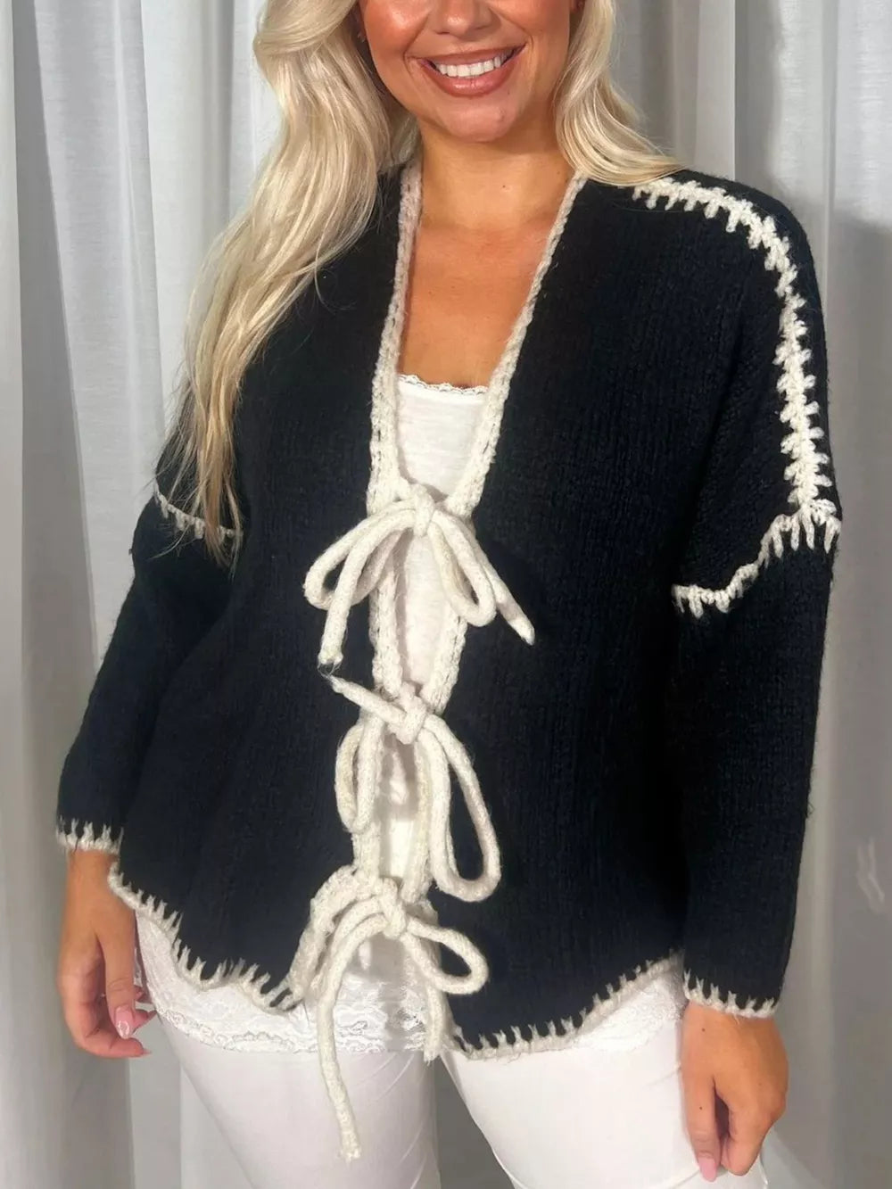 Tie Front Drop Shoulder Cardigan in White, alternate angle