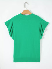 Green ribbed knit top with round neck and ruffled short sleeves.