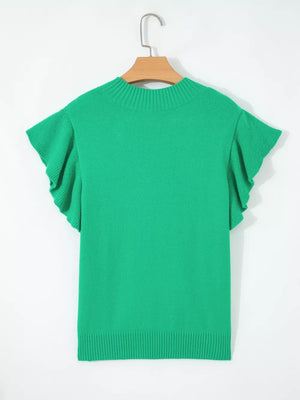 Green ribbed knit top with round neck and ruffled short sleeves.