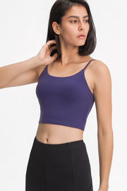 Purple scoop neck crop tank top with spaghetti straps