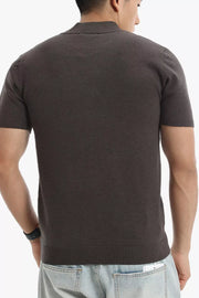 Men's dark gray mock neck slim fit knit top with short sleeves and ribbed hem.