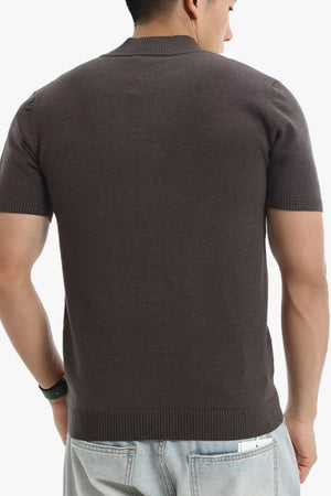 Men's dark gray mock neck slim fit knit top with short sleeves and ribbed hem.