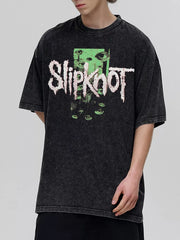 Black oversized cotton crew neck tee with vintage wash and Slipknot graphic.