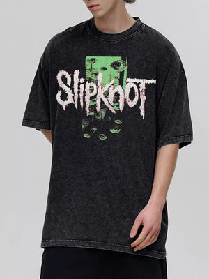 Black oversized cotton crew neck tee with vintage wash and Slipknot graphic.