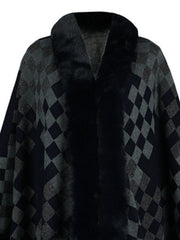 Checkered cape in dark navy and grey acrylic with faux fur trim and collar.