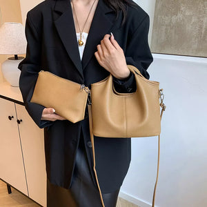Textured Leather Crossbody Bag With Pouch in Gray, model styling view