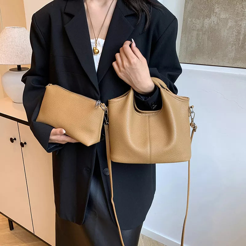 Textured Leather Crossbody Bag With Pouch in Gray, model styling view