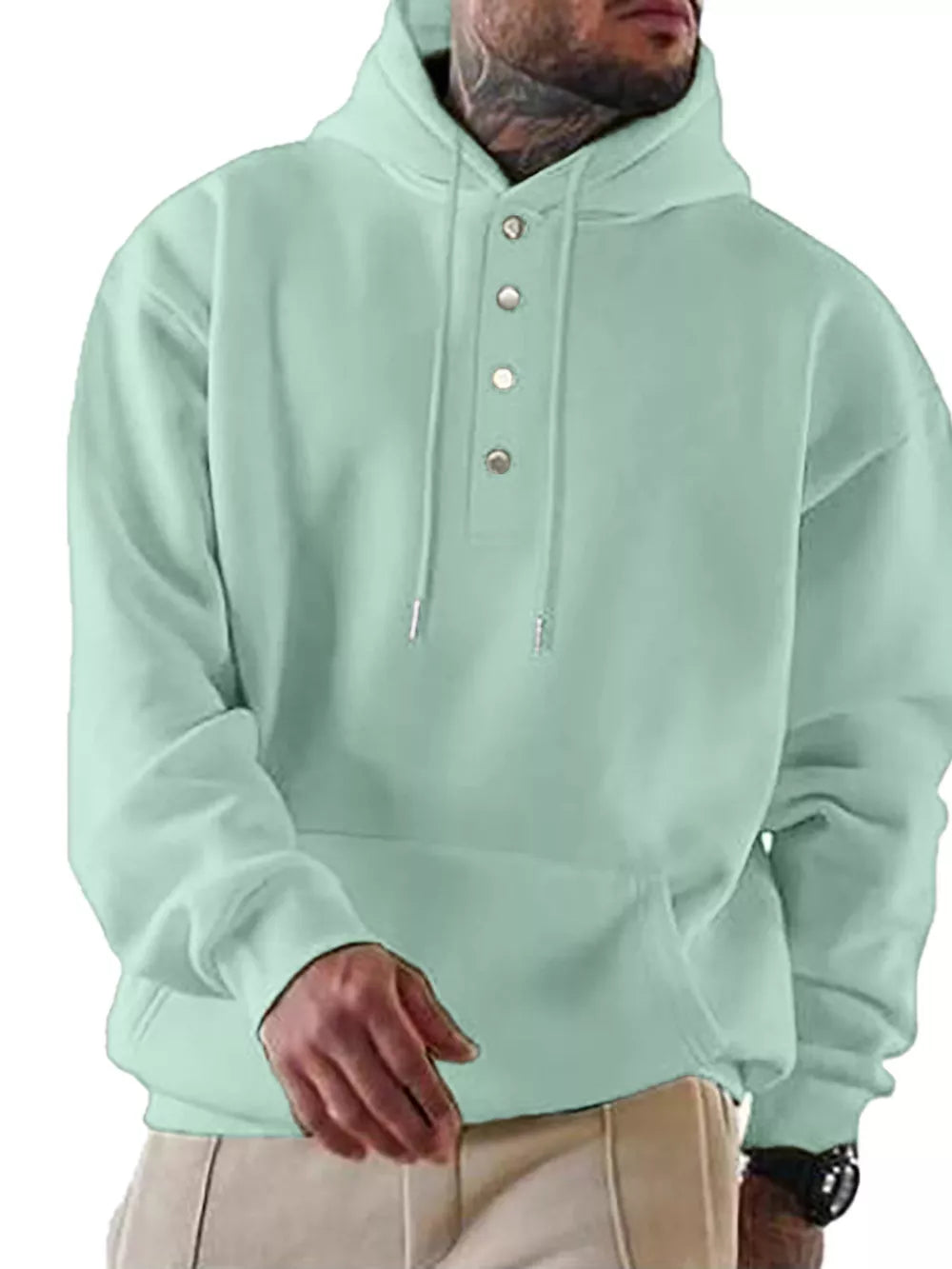 Light green cotton buttoned hoodie with kangaroo pocket and drawstring hood.