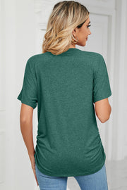 Dark Green V-neck tee with short sleeves and side ruching detail.