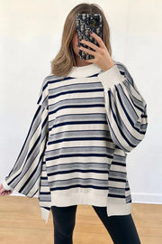 Striped Ribbed Stand Neck Sweatshirt in Stripe, back view