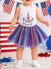 Baby tutu dress with unicorn graphic and red, white, blue tulle skirt.