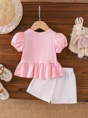 Children's Ribbed Bow Top And Shorts Set in Pink, alternate angle