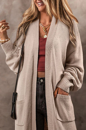 Oversized sleeve maxi cardigan in Dust Storm with pockets and ribbed cuffs.