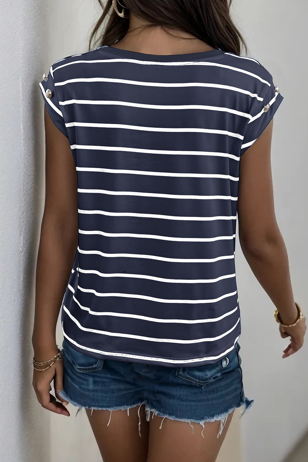 Dark Blue Stripe Tee with cap sleeves and button shoulder detail.