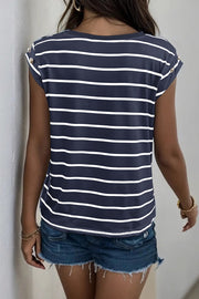 Dark Blue Stripe Tee with cap sleeves and button shoulder detail.