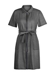Zipper front denim mini dress in dark gray with collared neckline and tie waist.