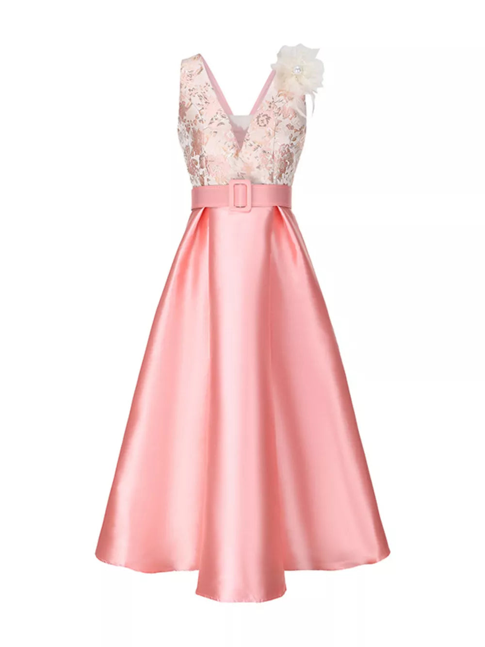 Pink midi dress with floral appliqué bodice, V-neck, belted waist, and A-line skirt.