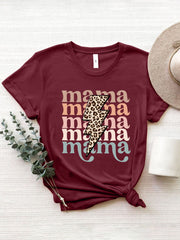 Burgundy Mama Bolt graphic t-shirt with leopard print lightning bolt and colorful text.