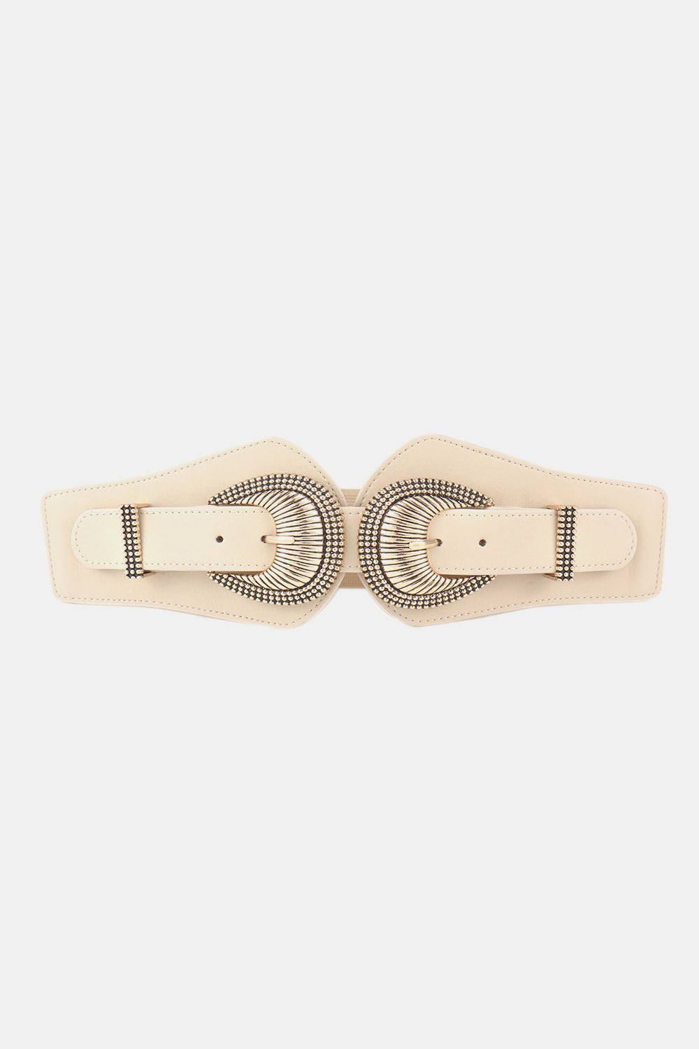 Cream corset belt with double sculpted alloy buckles and beaded trim
